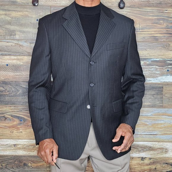 Ted Lapidus Paris Wool Blend Black Striped Double Vented Blazer Sport Jacket 42R - Picture 5 of 12